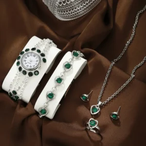 Σετ Κοσμημάτων & Ρολογιού “Άνεμος” – Ανοξείδωτο Ατσάλι με Πράσινα Ζιρκόν (5 τμχ.)