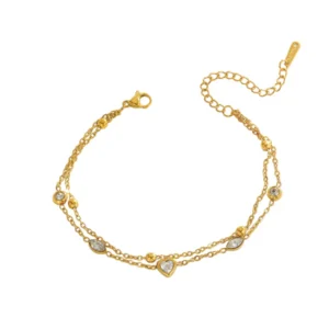 Βραχιόλι Επιχρυσωμένο Ατσάλι 18Κ με Zircon – Διπλή Αλυσίδα με Καρδιές