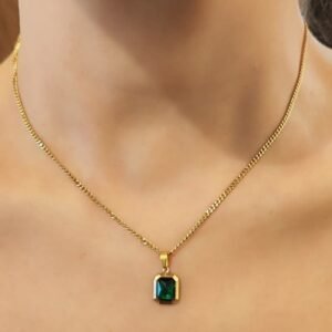 Κρεμαστό Κολιέ από Επιχρυσωμένο Ατσάλι 18Κ με Πράσινη Πέτρα