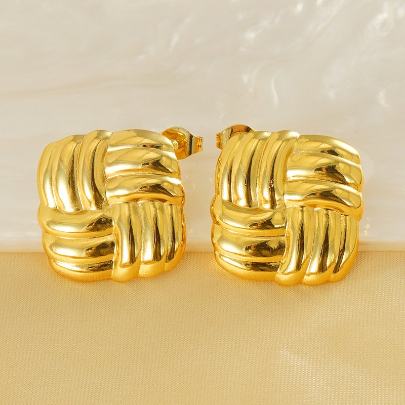 Πλεκτά Τετράγωνα Σκουλαρίκια Καρφωτά 18K Επιχρυσωμένο Ανοξείδωτο Ατσάλι Γεωμετρικά Vintage Μεταλλικά Σκουλαρίκια - Image 3