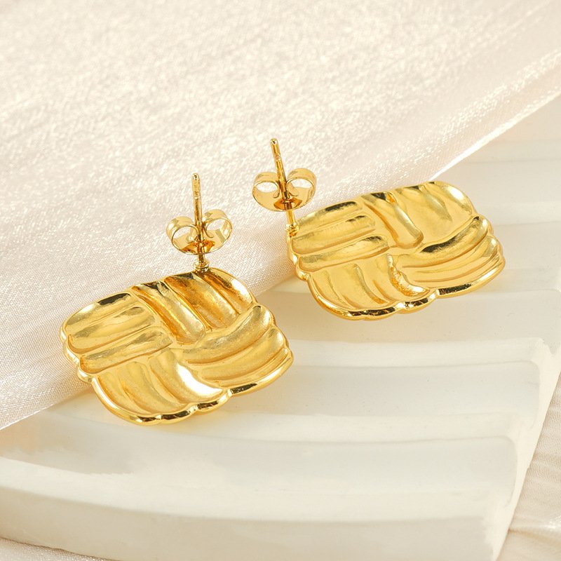 Πλεκτά Τετράγωνα Σκουλαρίκια Καρφωτά 18K Επιχρυσωμένο Ανοξείδωτο Ατσάλι Γεωμετρικά Vintage Μεταλλικά Σκουλαρίκια - Image 2