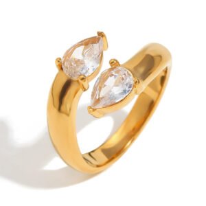 Διπλό Pear Cut Zirconia Ανοιχτό Δαχτυλίδι Ρυθμιζόμενο Ανοξείδωτο Ατσάλι Επιχρυσωμένο 18Κ