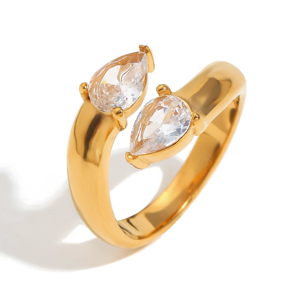 Διπλό Pear Cut Zirconia Ανοιχτό Δαχτυλίδι Ρυθμιζόμενο Ανοξείδωτο Ατσάλι Επιχρυσωμένο 18Κ