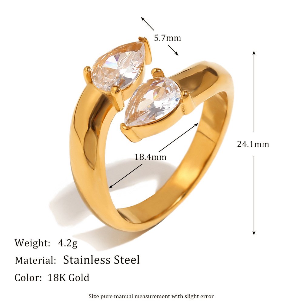 Διπλό Pear Cut Zirconia Ανοιχτό Δαχτυλίδι Ρυθμιζόμενο Ανοξείδωτο Ατσάλι Επιχρυσωμένο 18Κ - Image 2